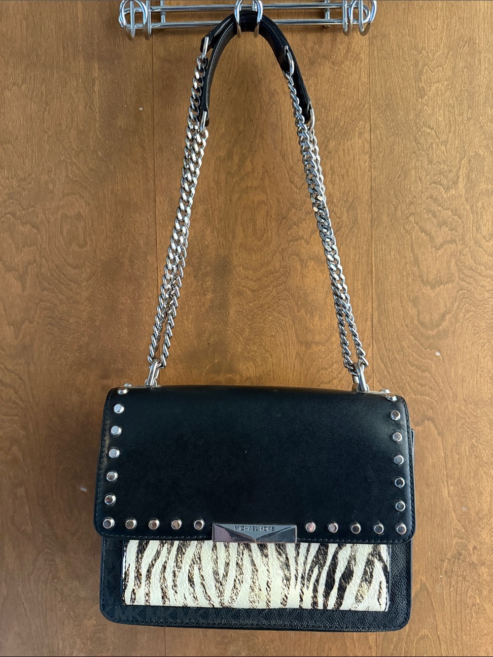 Michael Kors Black Studded Shoulder Bag with Zebra Accent